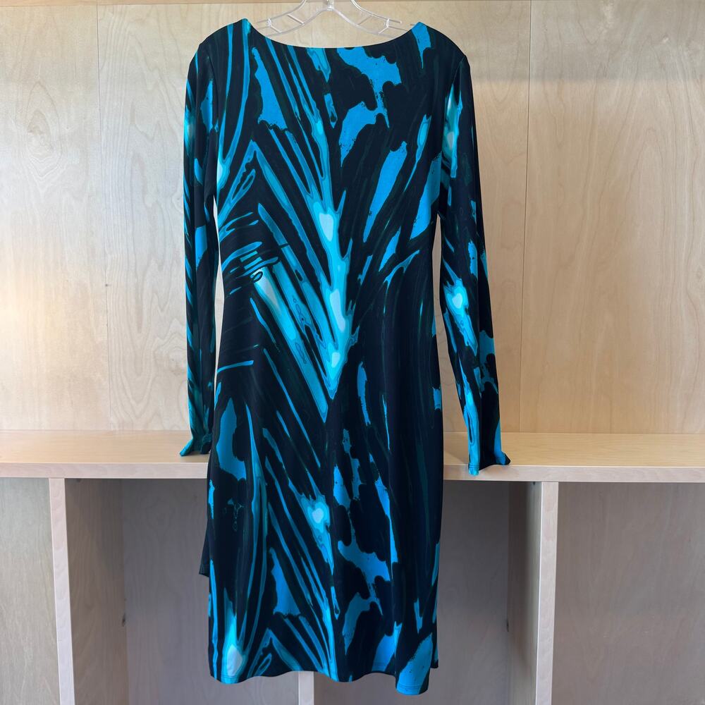 Josie Natori Cowl Neck Jersey Dress Blue Black Abstract Print Size S Statement - Picture 3 of 3